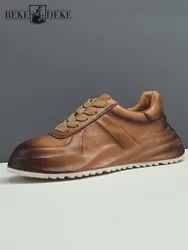 Cowskin Genuine Leather Sneakers Men Fashion Solid Color Breathable Spring Autumn Lace Up Thick Bottom Men Casual Walking Shoes