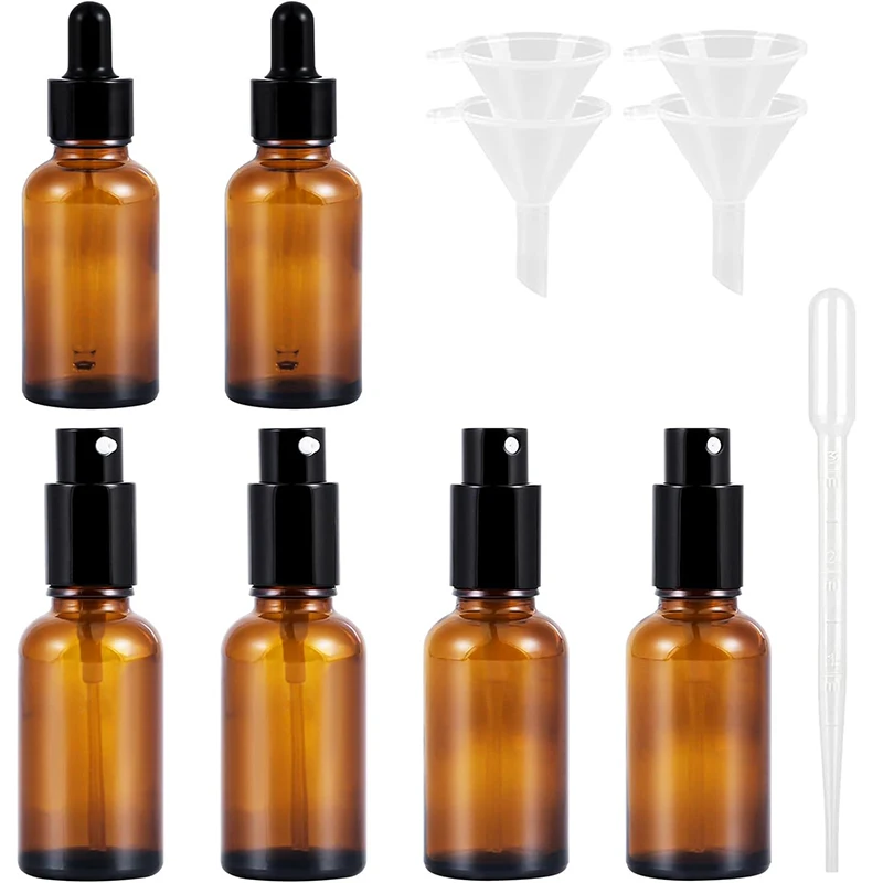 

6pcs Spray Bottle Set Brown Glass 30ml 2x Spray Bottle 2x Dropper Bottle 2x Pump Dispenser Refillable for Essential Oil Perfume