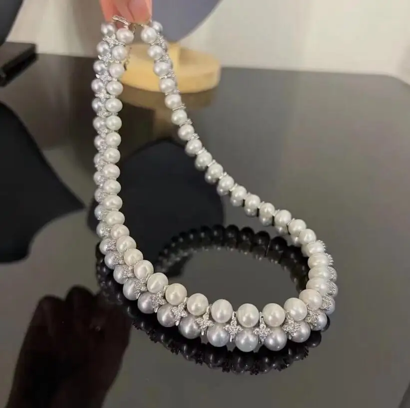 

gorgeous two strands south sea white grey pearl necklace 17.5inch
