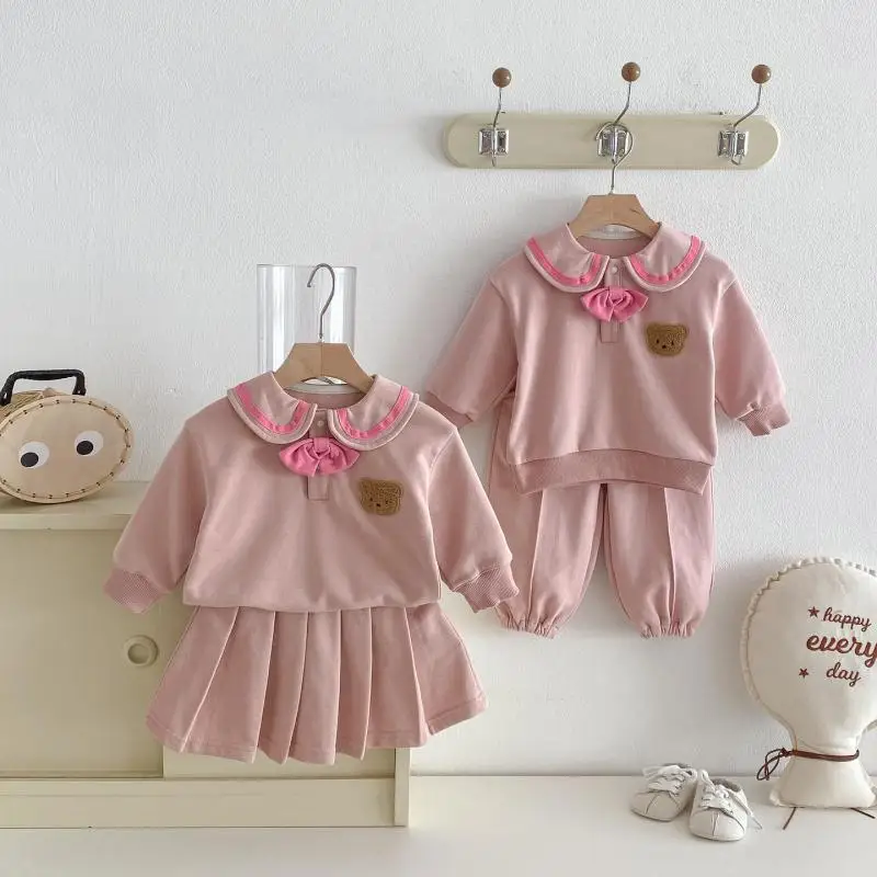 

2026 Spring New Baby Long Sleeve Clothes Set Girls Cute Bear Sweatshirt + Skirts 2pcs Suit Kids Boys Preppy Style Pants Outfits