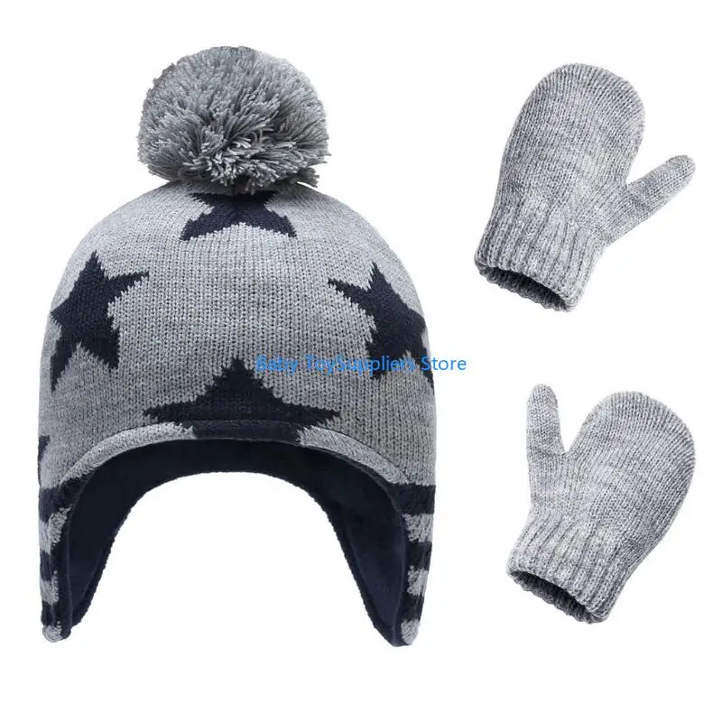 

R1WF Baby Knit Hat Gloves Cold Weather Gifts Accessories Set Skiing Winter Beanie with Warm Ear Flap Mitten