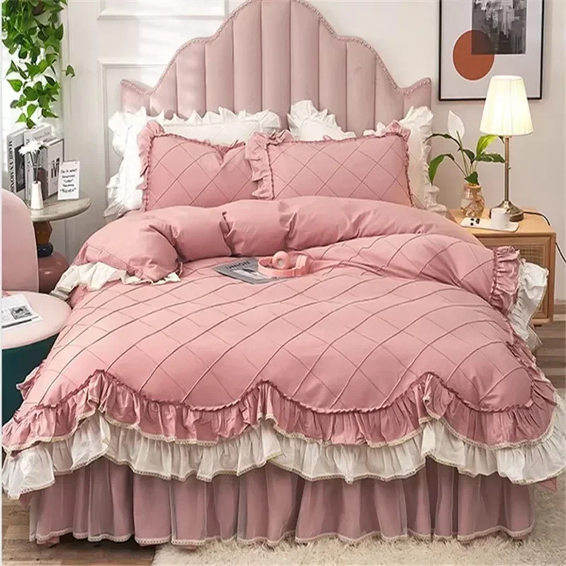 Girls Princess Bedding Set Luxury Ruffle Bed Linen Pure Cotton Quilt Cover Bed Sheet Pillowcase Bedroom Decor Bed Comforter Set