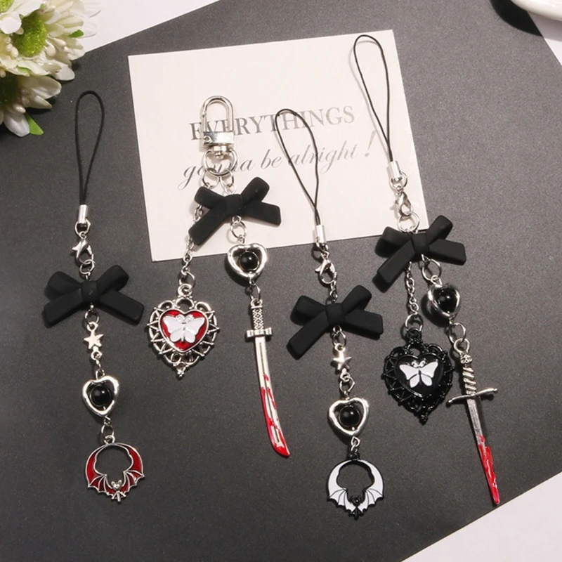 Elegant Phone Charm Gothic Heart Keychain Pendant Fashionable Phone Lanyard Alloy Acrylic Material for Party Daily Wear