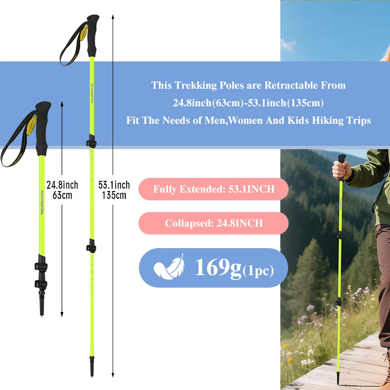 

Fluorescent Green Carbon Fiber Trekking Poles Unisex Lightweight Adjustable - for Outdoor Hiking Camping Climbing