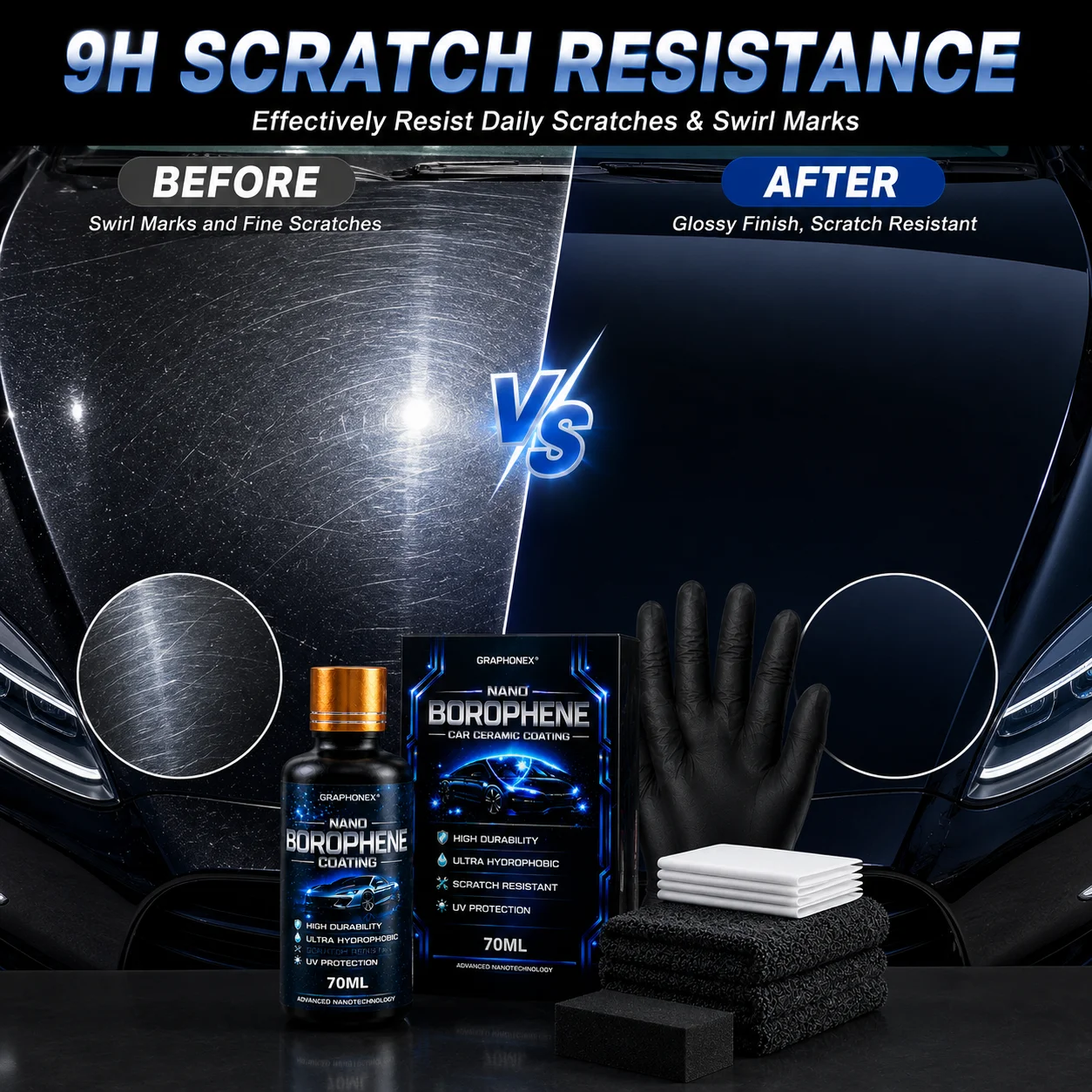 GRAPHONEX Nano Borophene Ceramic Coating 70ML – Hydrophobic, Scratch Resistant, UV Protection, Durable