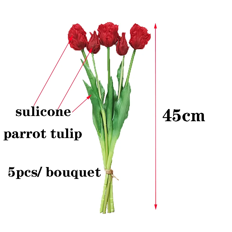 5ks papoušci tulipán umělý kvést silikon opravdový dotek kytice 45CM luxusní domácí dekorační žití pokoj deco flores falešná rostlina