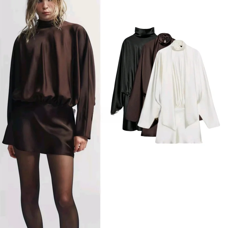 겨울 신상 여성용 매트 슬레 칼라 롱 스웨트 새틴 느낌 스카프 장식 오트 드 폴리에스터 섬유 A라인...