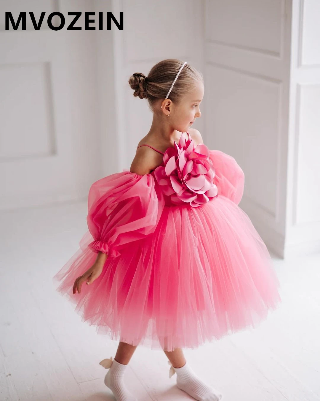 Mvozein Rose Puffy Flower Girl Dresses Tulle Cute Baby Girl Dress Girl Princess Dress Knee Length Child Kid Dress Birthday Gown