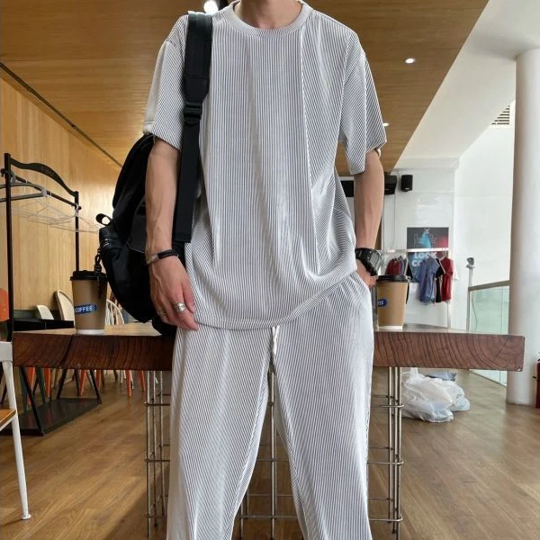 Folded Ice Silk Sports Set Men's Summer Thin Casual Trendy Short Sleeve Long Pants Handsome 12 Pieces Youth T-Shirt Long Pants view 2
