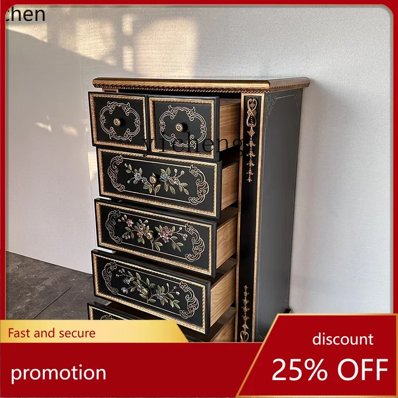 

HXL American Style Solid Wood Legs Painted European Style Living Room Decoration Vintage Black Bedroom Drawer Storage