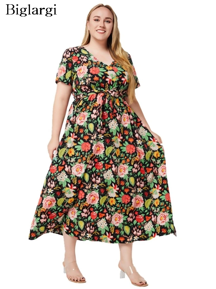 

Plus Size Summer V-Neck Dress Women Flower Print Modis Loose Ruffle Pleated Ladies Dresses Casual Short Sleeve Woman Midi Dress