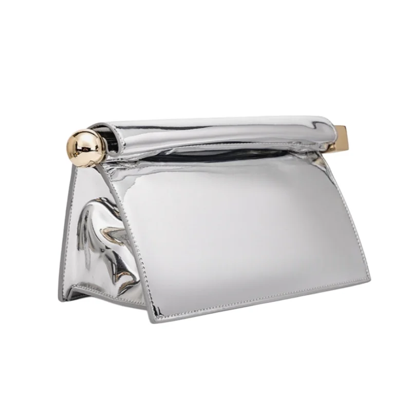 Large Silver Curled Edge Folding Handbag Fashion Premium Metalic Single Shoulder Crossbody Bag High Texture Leather Clutch Bag