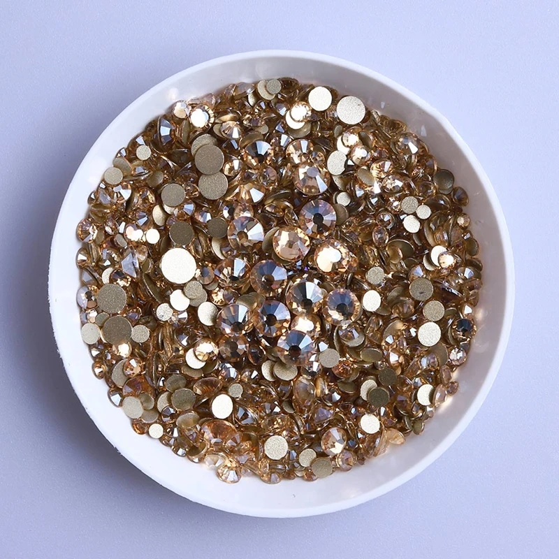 1440Pcs/Pack Blue Moonlight Glass Flatback Rhinestone High Quality Glitter Golden Bottom Stones Glue on Diamond for Nail Art