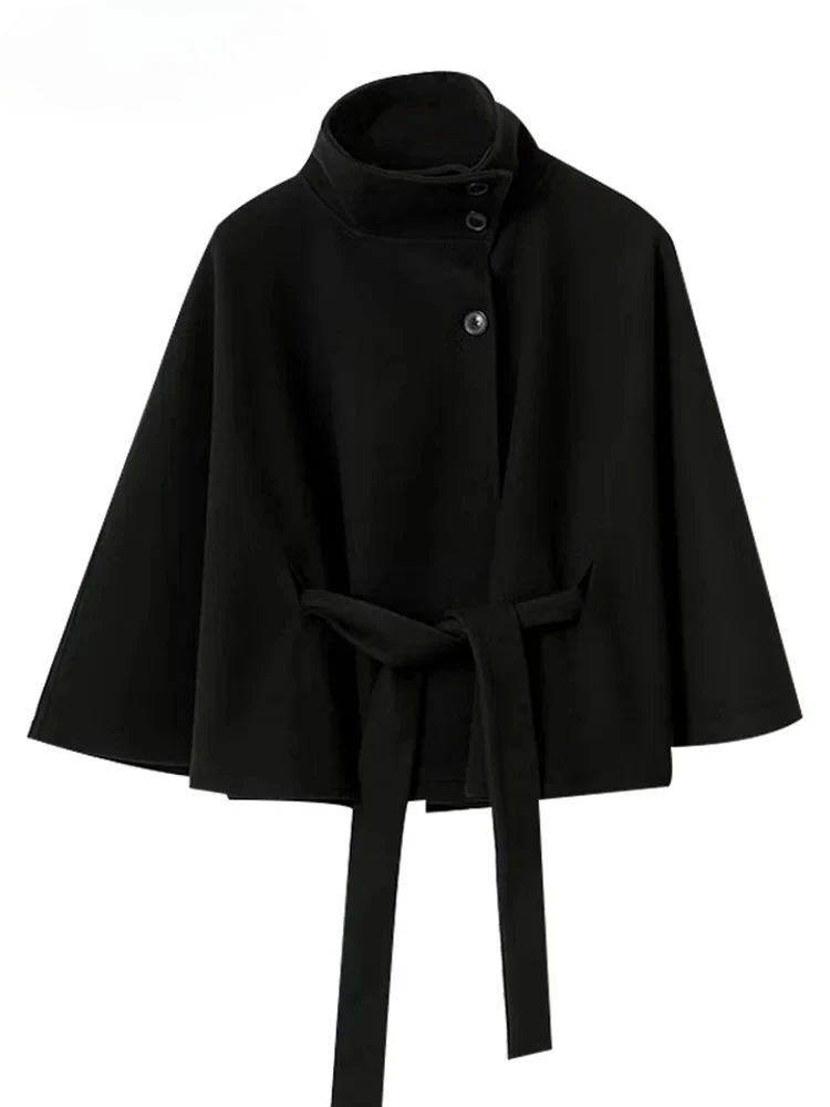 

Autumn New Elegant Woolen Stand Collar Belt Jacket Women Solid Long Sleeve Lace Up Button Short Coat Lady Jackets