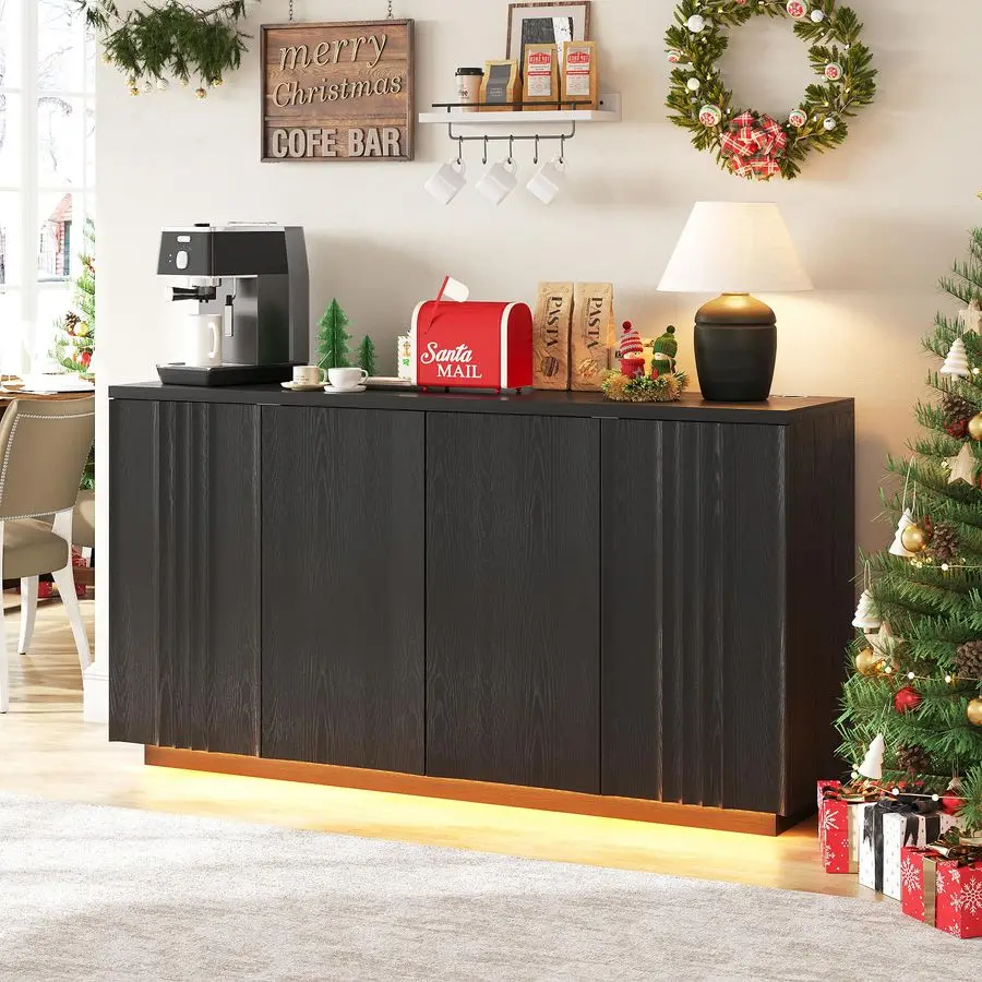 

Buffet Cabinet with Storage, Coffee Bar with 4 Doors amp 2 Adjustable Shelves, Modern Sideboard Table with 3 Color LED Light for