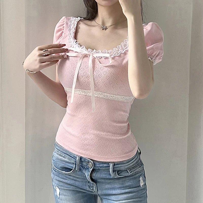 Darlingaga Korean Pink Cute Coquette Sweet Summer T-shirts Women Bow Lace Patched Slim Cropped Top Girls Cutecore Tees Clothing