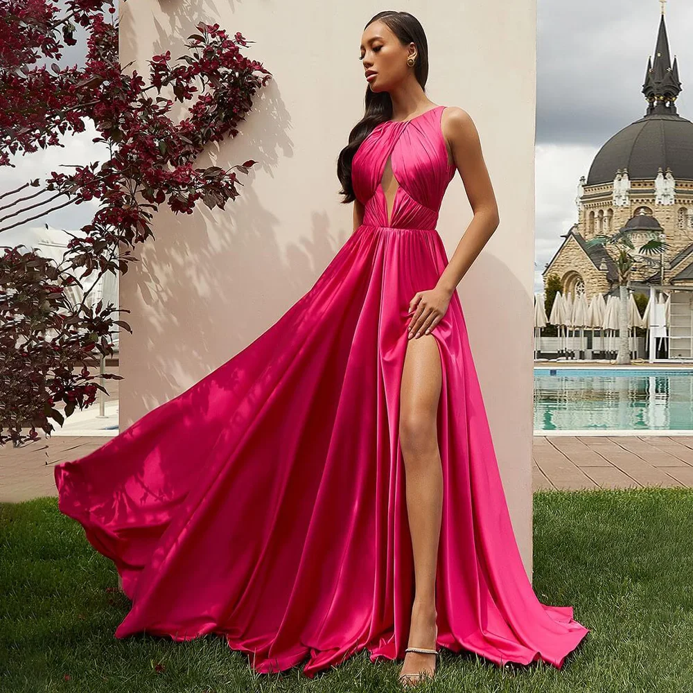 Satin Graduation Prom Dresses Hot Pink O Neck A Line Elegant Formal Party Dress Long Side Split Cut Out Pleats Sexy Evening Gown