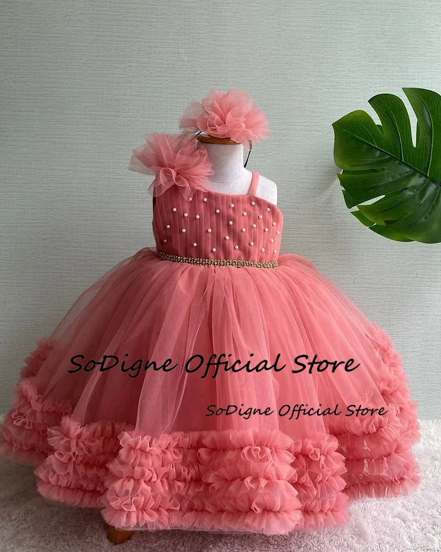 SoDigne A-line Tulle Flower Girl Gowns Sleeveless Beading Short 2025 Long Girl Birthday Party Dresses Customized