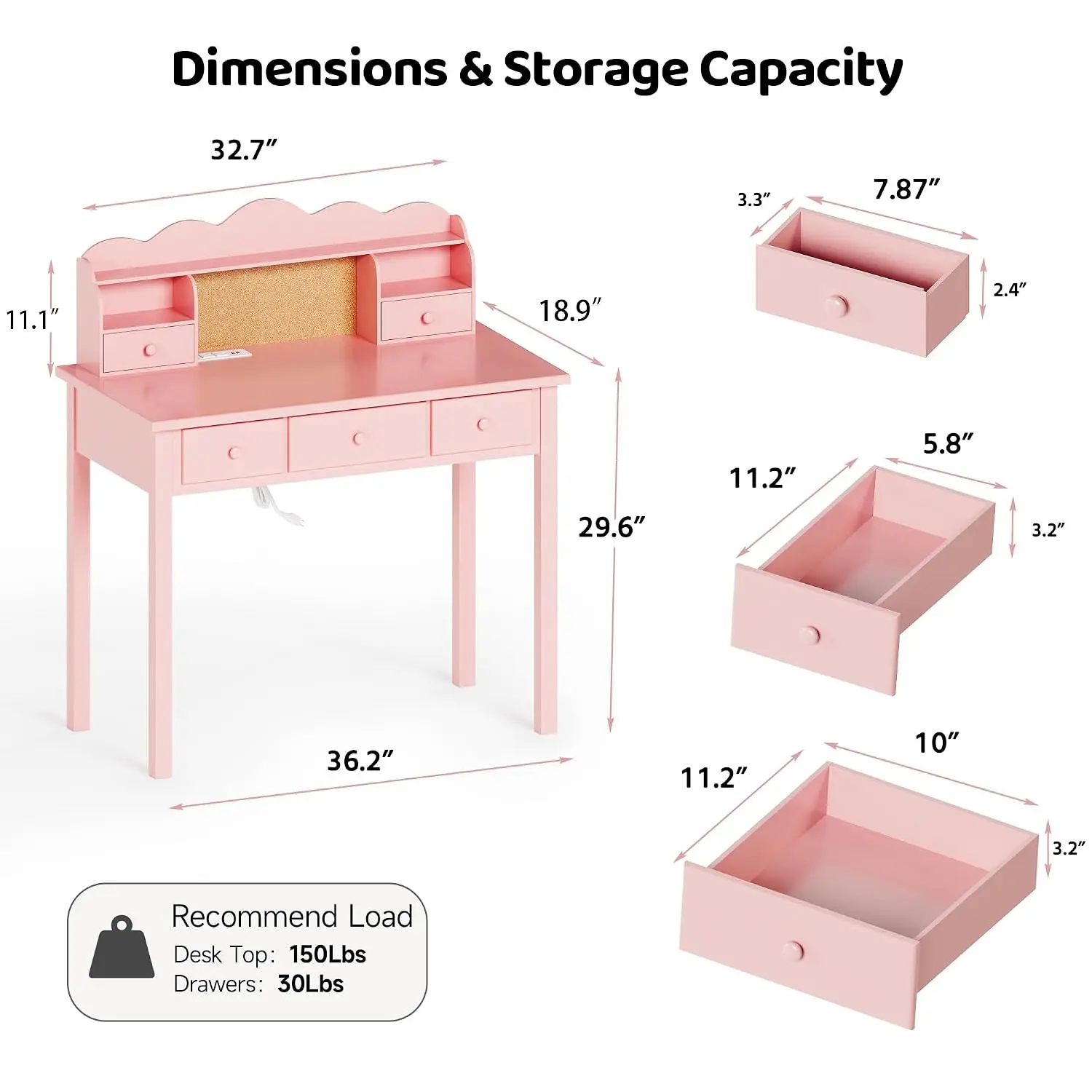 Small Pink Writing Desk With Hutch 36 Inch Pre-installed, Customized