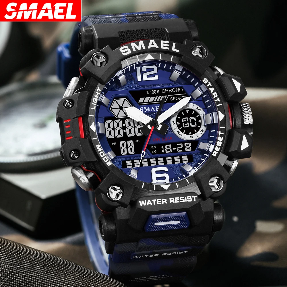 SMAEL Dual Movement Dual Display Sport Electronic Wristwatch Mens Camouflage Waterproof Quartz Digital Watch Male Stopwatch