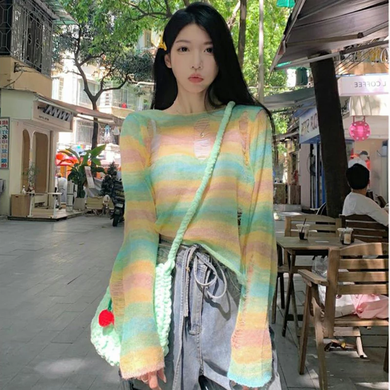 

Color Stripes Hollow Out Knitwear Women Summer New Long Sleeves Loose Thin Mohair Sweater Gentle Sweet Sunscreen Smock Tops