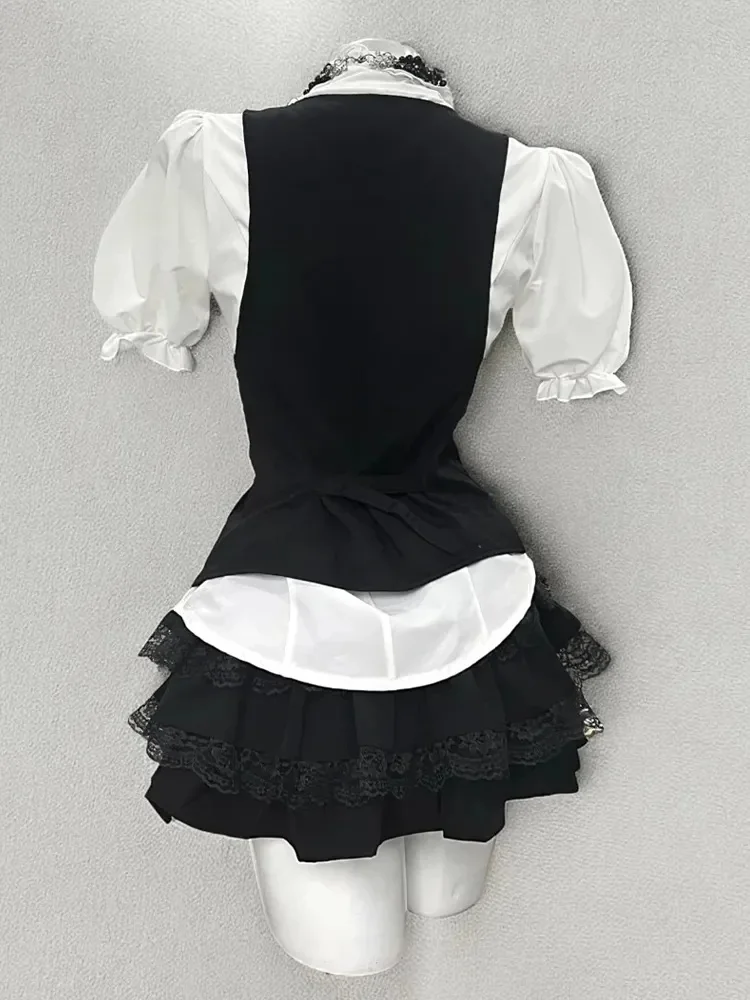 

Summer 2025 Women's Vintage Sle Bubble Sve irt Skirt And Vest Tee-Piece Set College Campus Faion Polyester Fiber