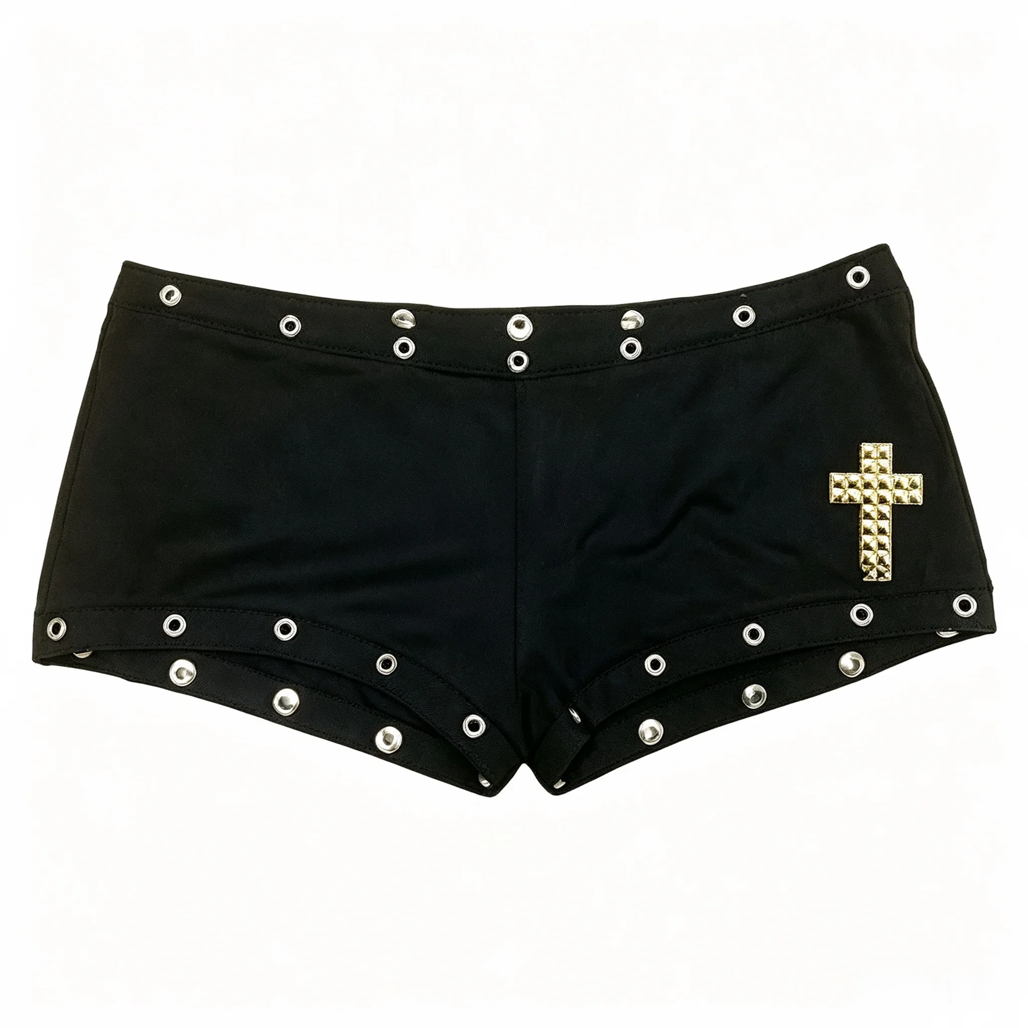 Women's Gothic Cross Rivet Shorts Black Low Waist Metal Perforated Decorative Tight Shorts Punk Street Party Club Underpants