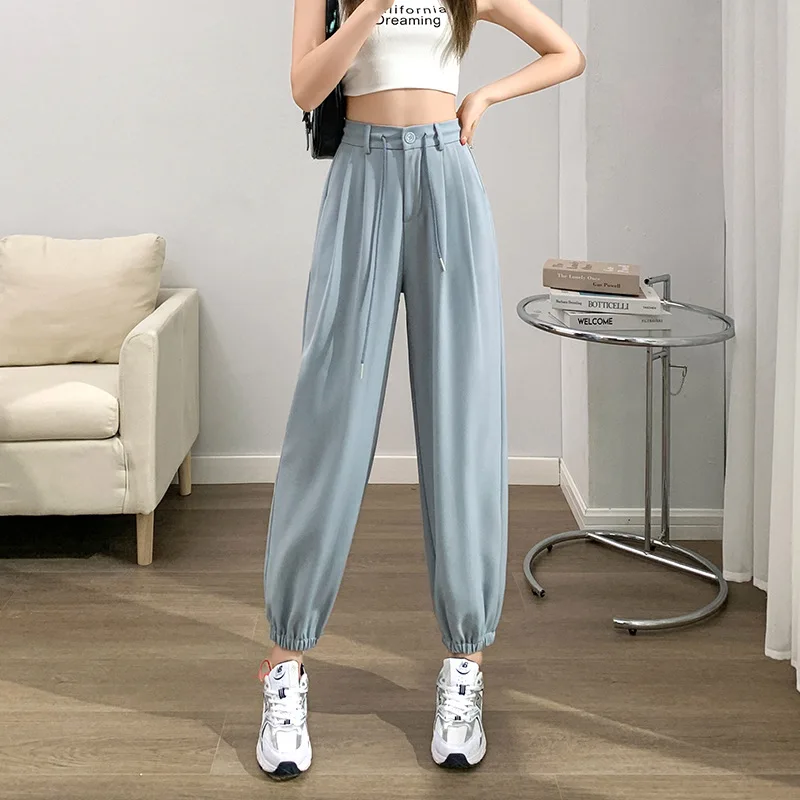 

2023 Summer Harem Pants For Women Drawstring Waist Ankle-length Suits Solid Pockets Trousers Female Casual Pantalones P002