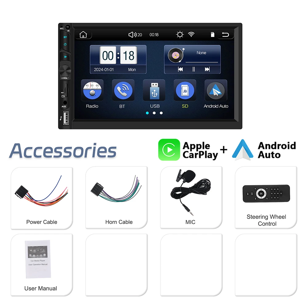 Podofo 7 "2din draadloze CarPlay MP5-speler Draadloze Android Auto Universele hoofdeenheid FM Stereo HD touchscreen multimediaspeler
