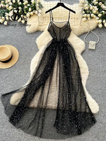 SINGREINY Ins Streetwear Sequined Long Dress Female Strap Shiny Split Outerwear Korean Style Dot Print Sheer Mesh Sundress