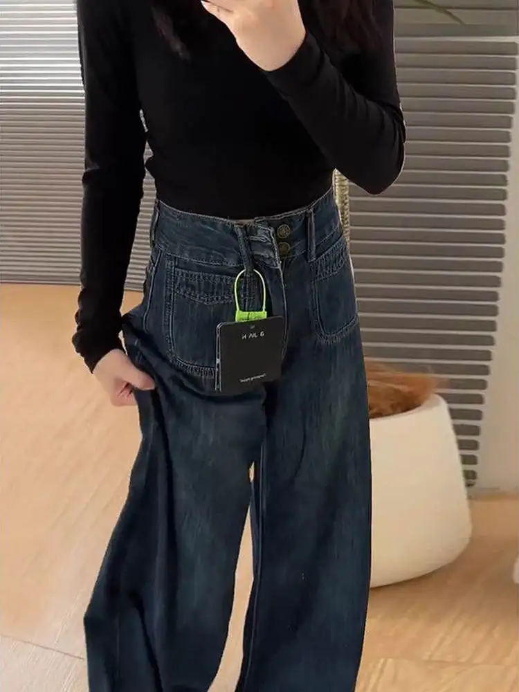 جينز نسائي سميك من Retroplush بتصميم خريفي وشتوي بخصر عالٍ للتخسيس بنمط كسول مستقيم الساق على الأرض