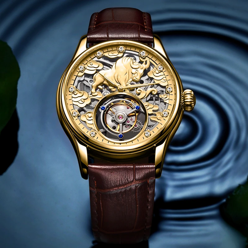 AESOP（manua7015G）Men Tourbillon Watch Bull Relief Skeleton Mechanical, Full Diamond Dial, Sapphire Mirror, Genuine Leather Strap