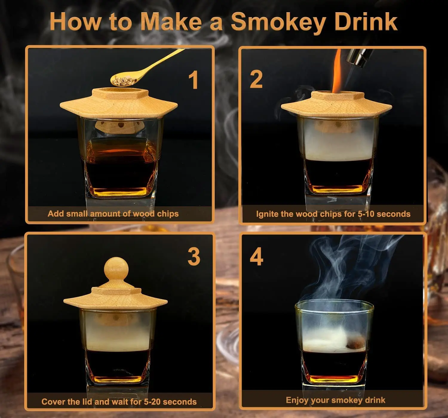 버번 위스키를위한 칵테일 흡연자 키트 남성용 음료 흡연자 주입기 바 도구 용 우드 칩이있는 구식 흡연자 키트