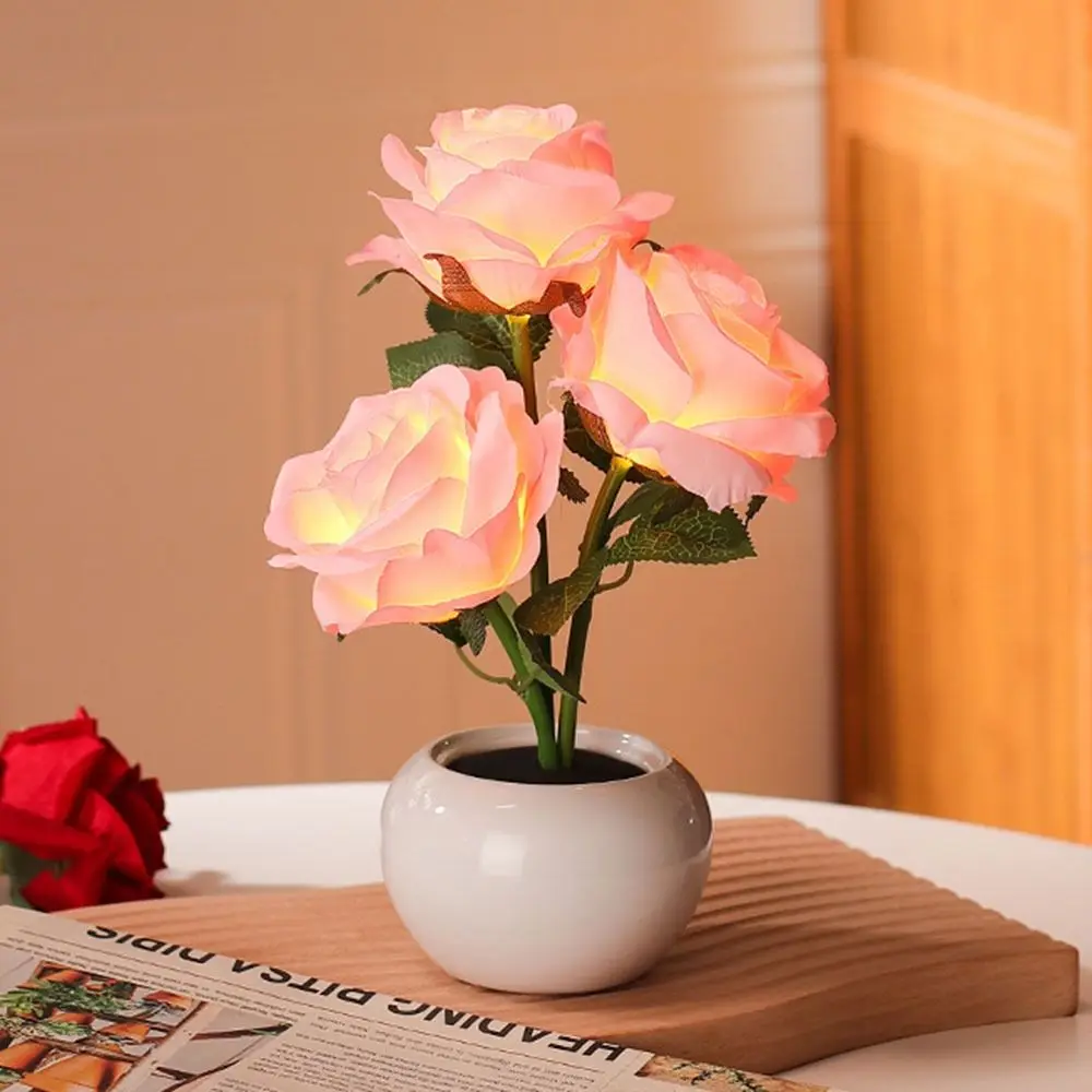 

Ceramic Base LED Rose Table Lamp Soft Light 2/3 Flowers Flower Bonsai Night Light Exquisite Decorative Romantic Atmosphere Lamp