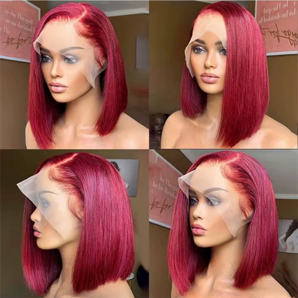 Umi 99J Colored 13x4 Pre Plucked Bone Straight Bob Wigs HD Burgundy Red Brazilian 100% Human Hair Transparent Lace Frontal Wig