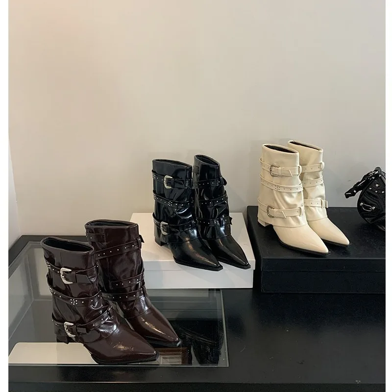 Women's Boots 2025 Autumn New Style Rivet Belt Buckle Sharp Point Thick Heel Middle Heel Versatile Mid heeled Boots