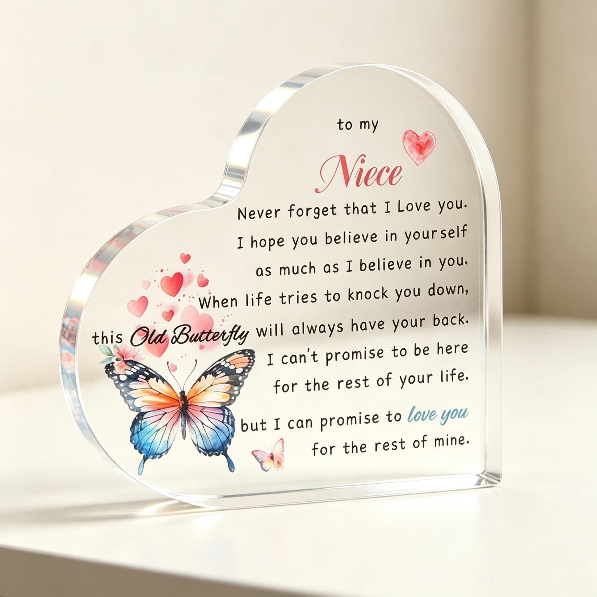 Vibrant Butterfly & Pink Hearts Heart‑Shaped Acrylic Ornament, Sentimental Birthday Holiday Present for Niece
