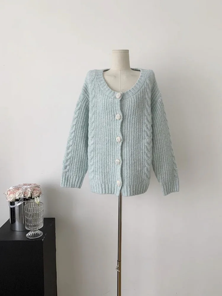 

Blue Harajuku Women's Cardigan Sweater Autumn/Winter Lazy Warm V-neck Fashion Sweater Korean-style Loose Sweater