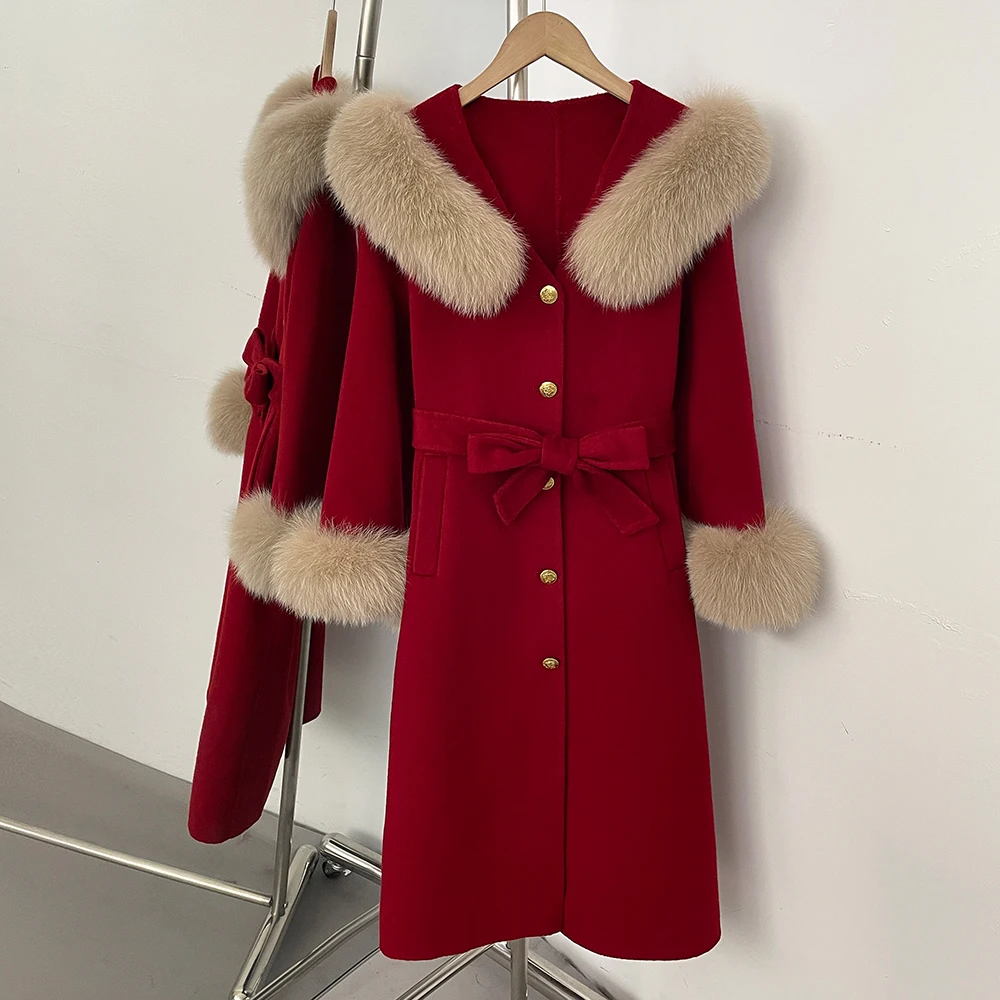 OFTBUY Gürtel-Taillierter Eleganter Winter-Luxus-Mantel für Damen 2025 Neuer Damen-Wollmantel mit Echtfuchs-Fellkragen und -Manschetten – Detail 5
