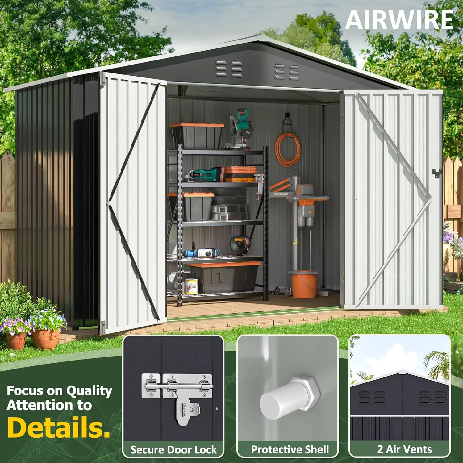 Garden Shed with Updated Frame Structure and Lockable Doors, Metal Tool Sheds for Backyard Garden Patio Lawn, Grey