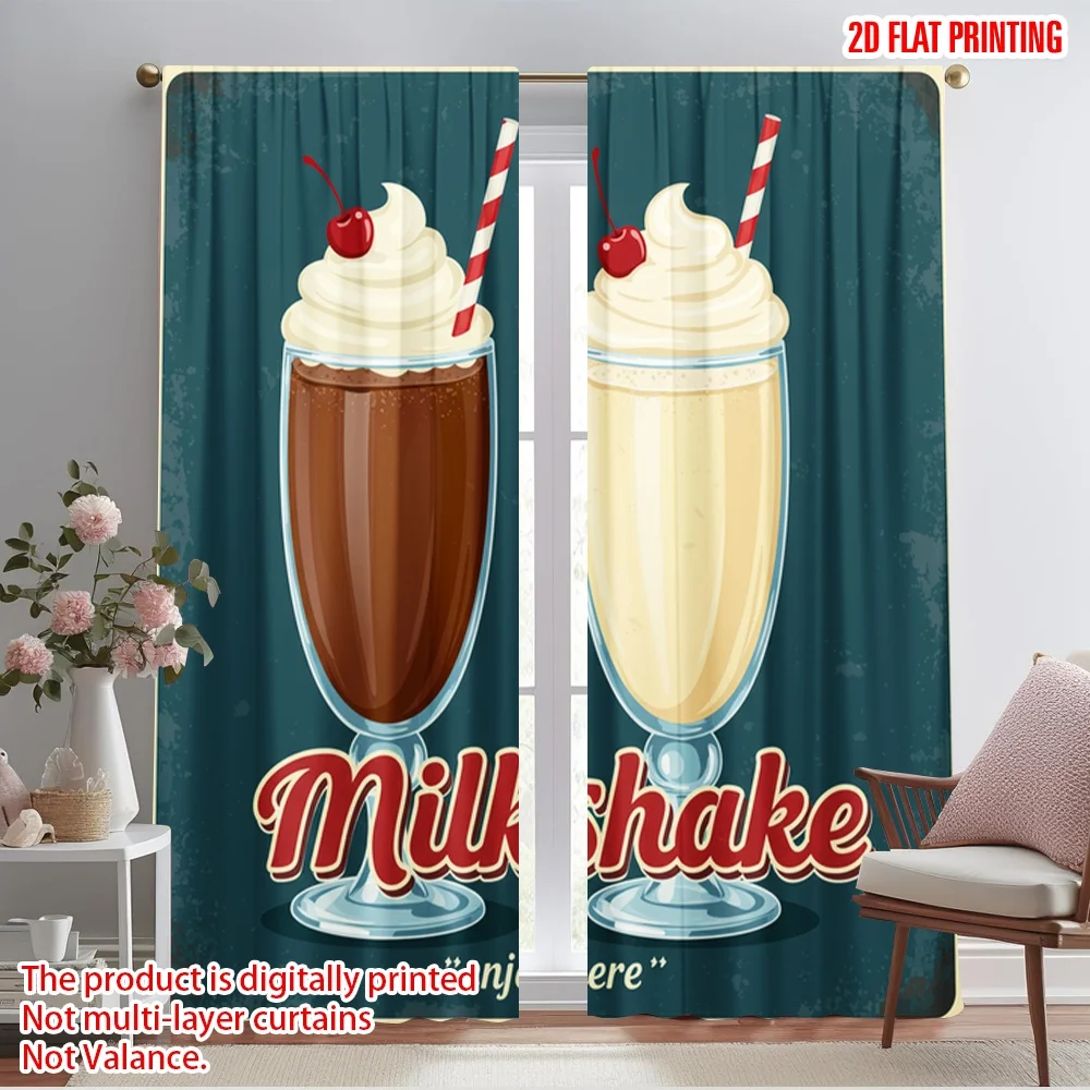 

2pcs 2D flat printing Curtains Retro Milkshakes Enjoy Here 100% Polyester Without Electricity Seasonal Party & Holiday Decor