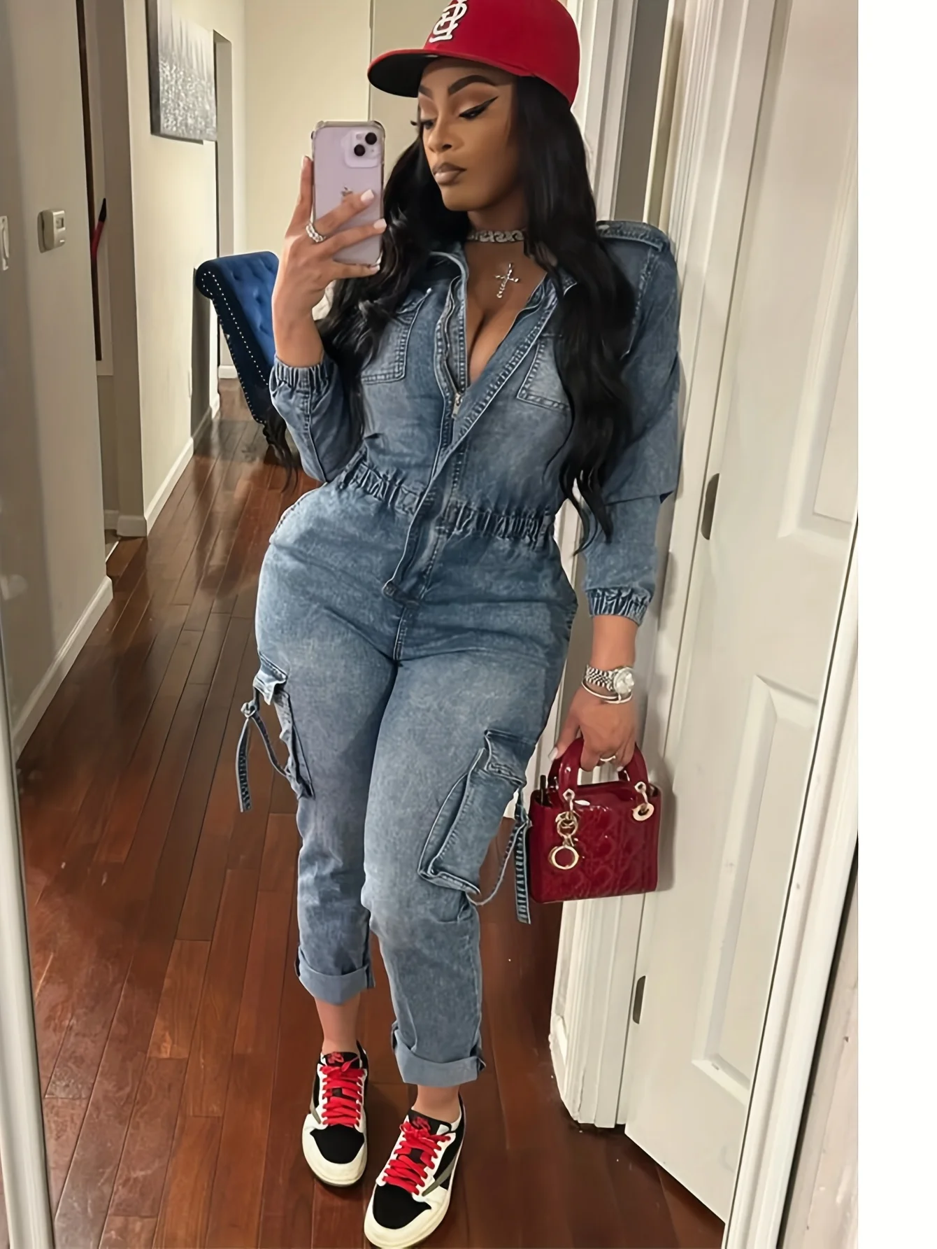 بدلة عمل نسائية ضيقة عالية المرونة من قماش الدنيم، بذلة عصرية، بذلة بأكمام طويلة على طراز الشارع #1