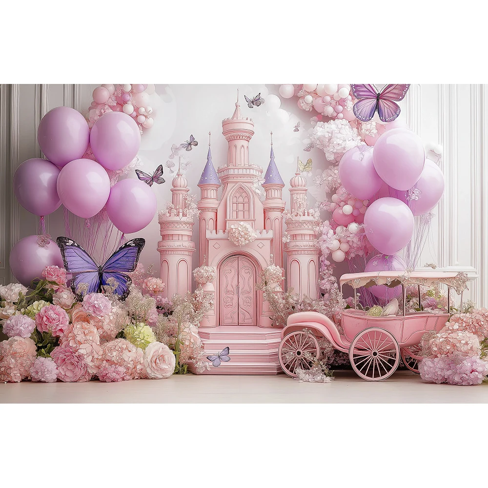 Castle Princess Girls Birthday Pink Purple Balloons Flower Floral Photographic Backdrops Cake Smash Background Baby Shower Props