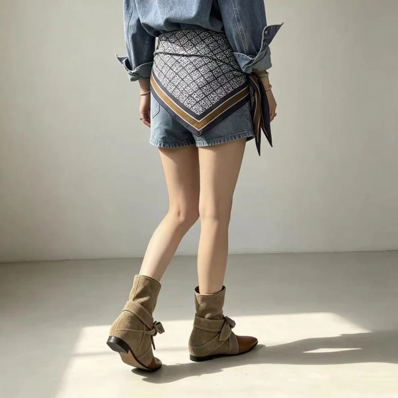 Women's Flat Ankle Boots Pointed Toe Suede-Look Smooth Patchwork Wrap Around Bow Slip-On Everyday Short Booties Ladies Footwear