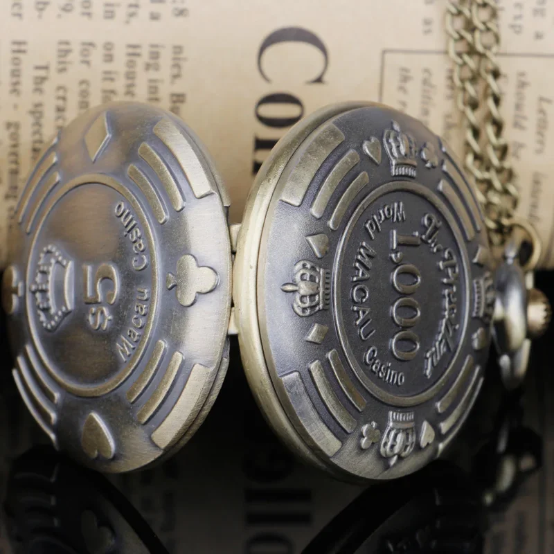 Macau Casino Thema Vintage Brons Quartz Zakhorloge Met Ketting Hanger Voor Mannen En Vrouwen Relojes De Bolsillo
