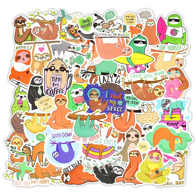 50 PCS Cute Sloths Scrapbooking Sticker DIY Children Room Cartoon Animals Waterproof Decal Stickers for Car Fridge Mirror Decals