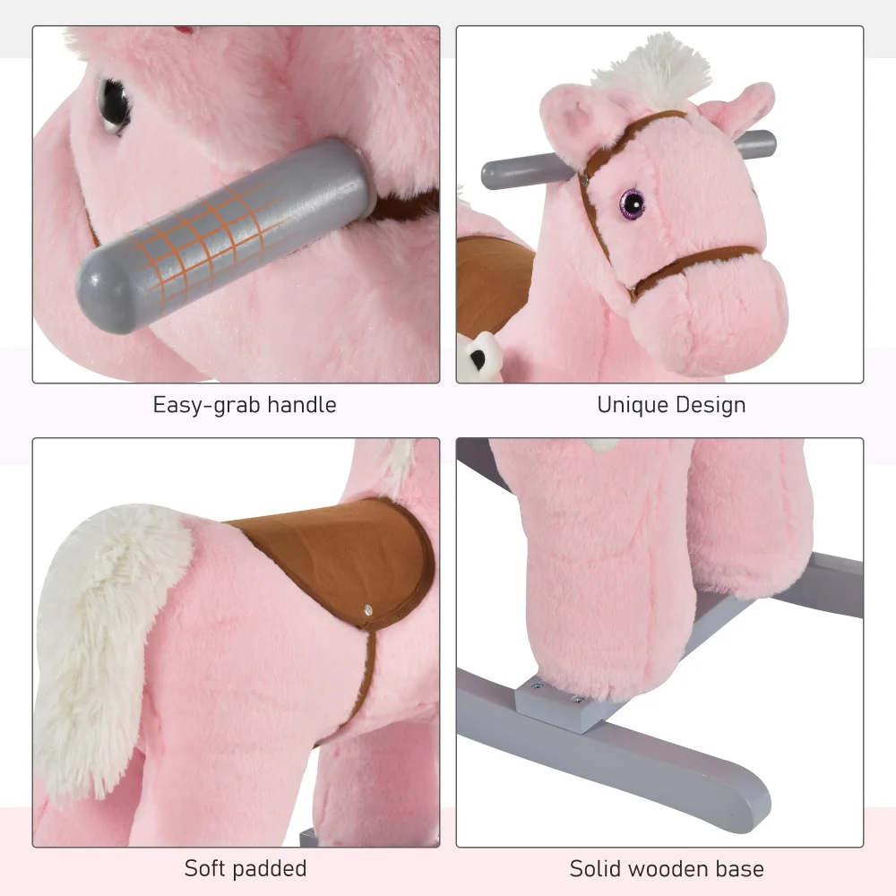 Kinderpluche oprit-op hobbelpaard met beerspeelgoed, kinderstoel met zacht knuffel en leuke realistische geluiden, roze