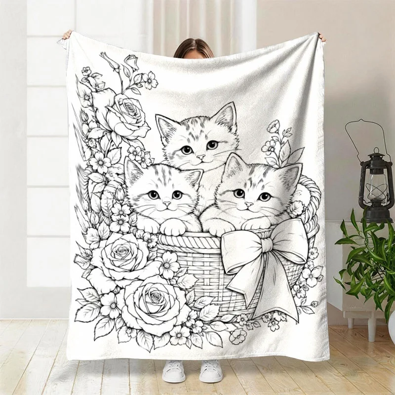 loral Basket Kitten Sketch Flannel Throw Blanket Black White Line Art Soft Warm Blanket for Couch Bed Home Decor Gift Ideas Now