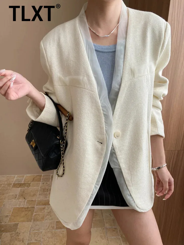 

TLXT Элегантный женский пиджак с цветными блоками, v-образным вырезом, на одной пуговице, с длинными рукавами, женские летние пальто 202, новинка XK1266