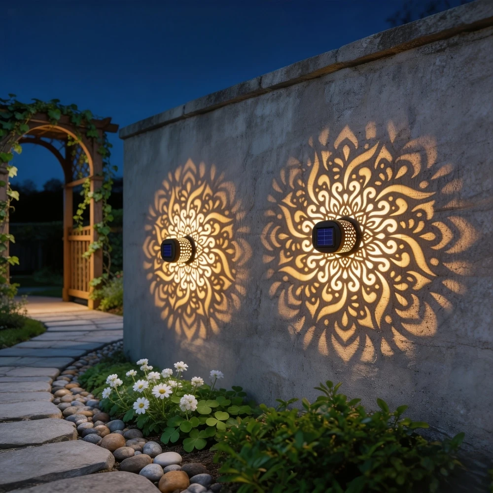 Solar wall light for garden and driveway areas